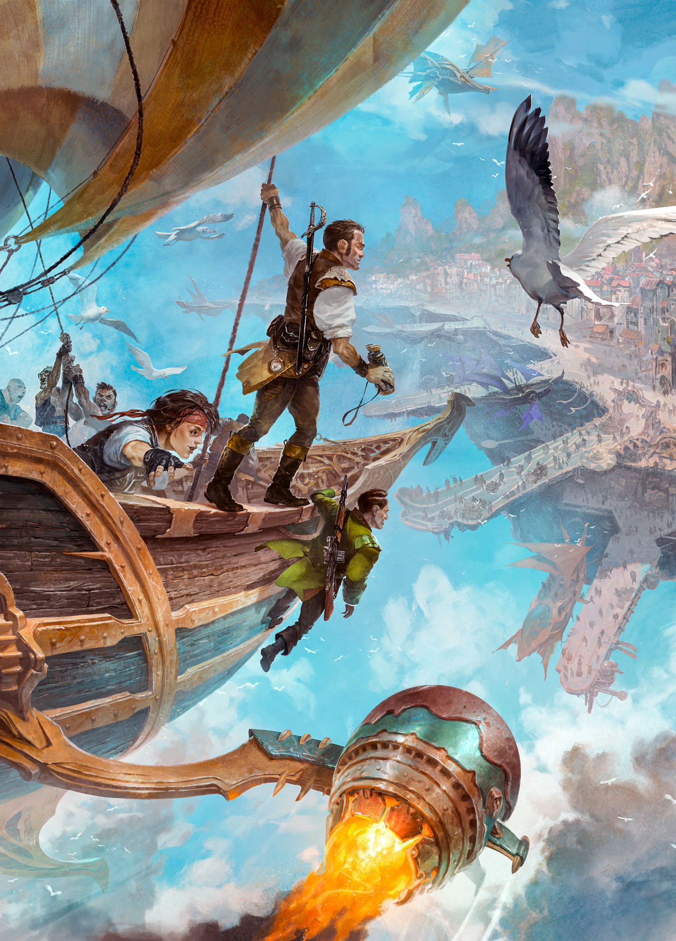 Airship crew sailing above floating sky cities