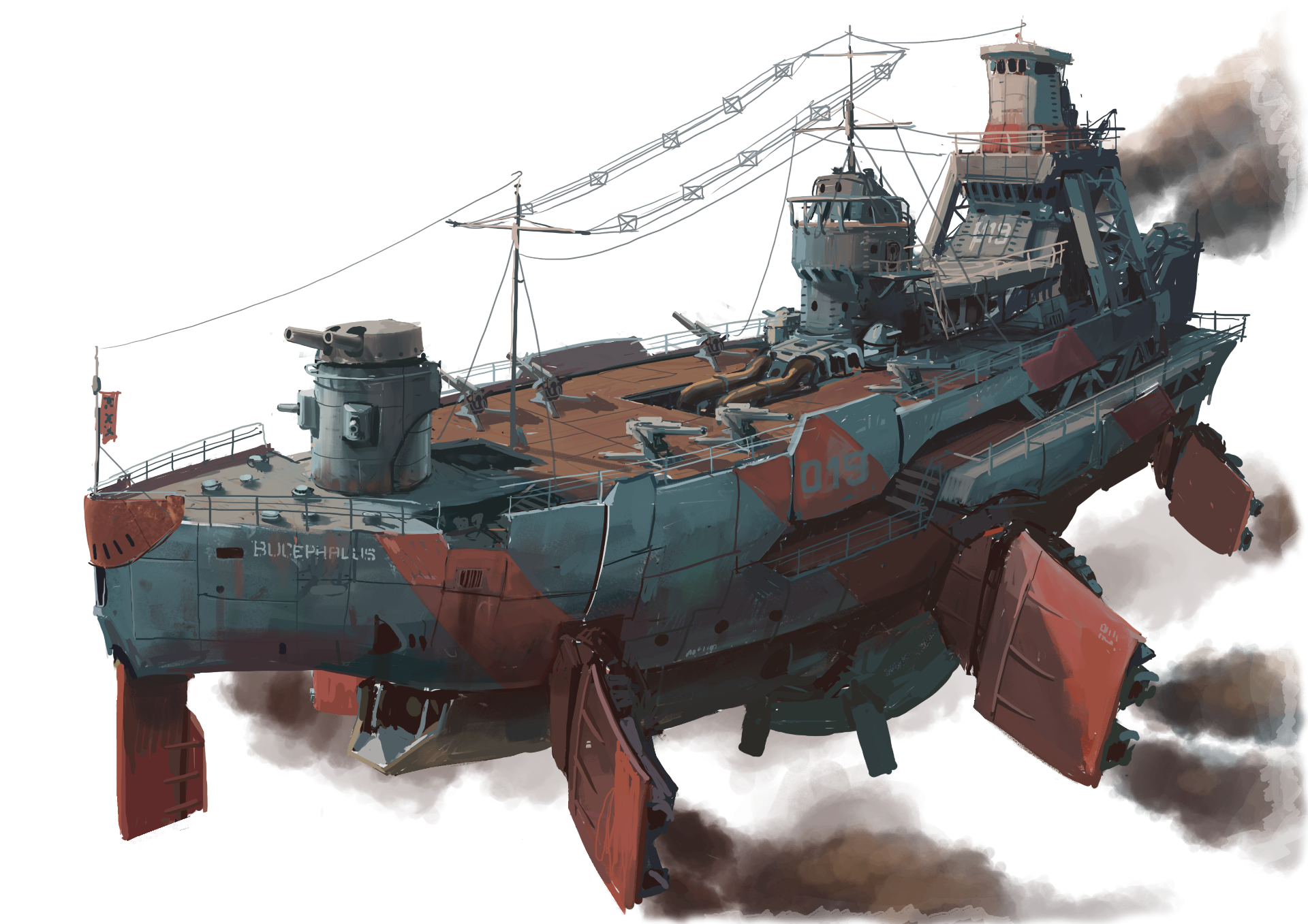 The Bucephallus — heavy ironclad sky-dreadnought trailing smoke