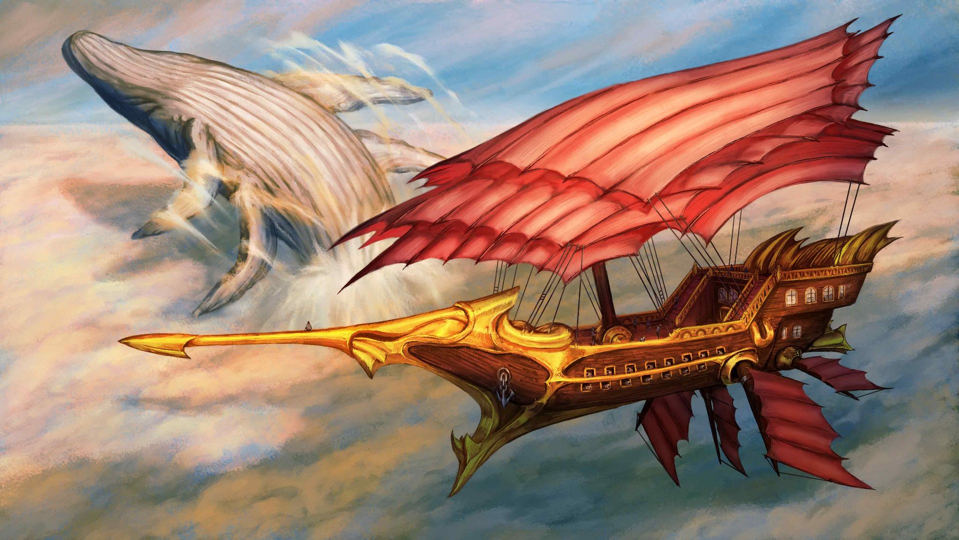 A gilded sky-galleon soars beside a colossal cloud whale breaching through the clouds