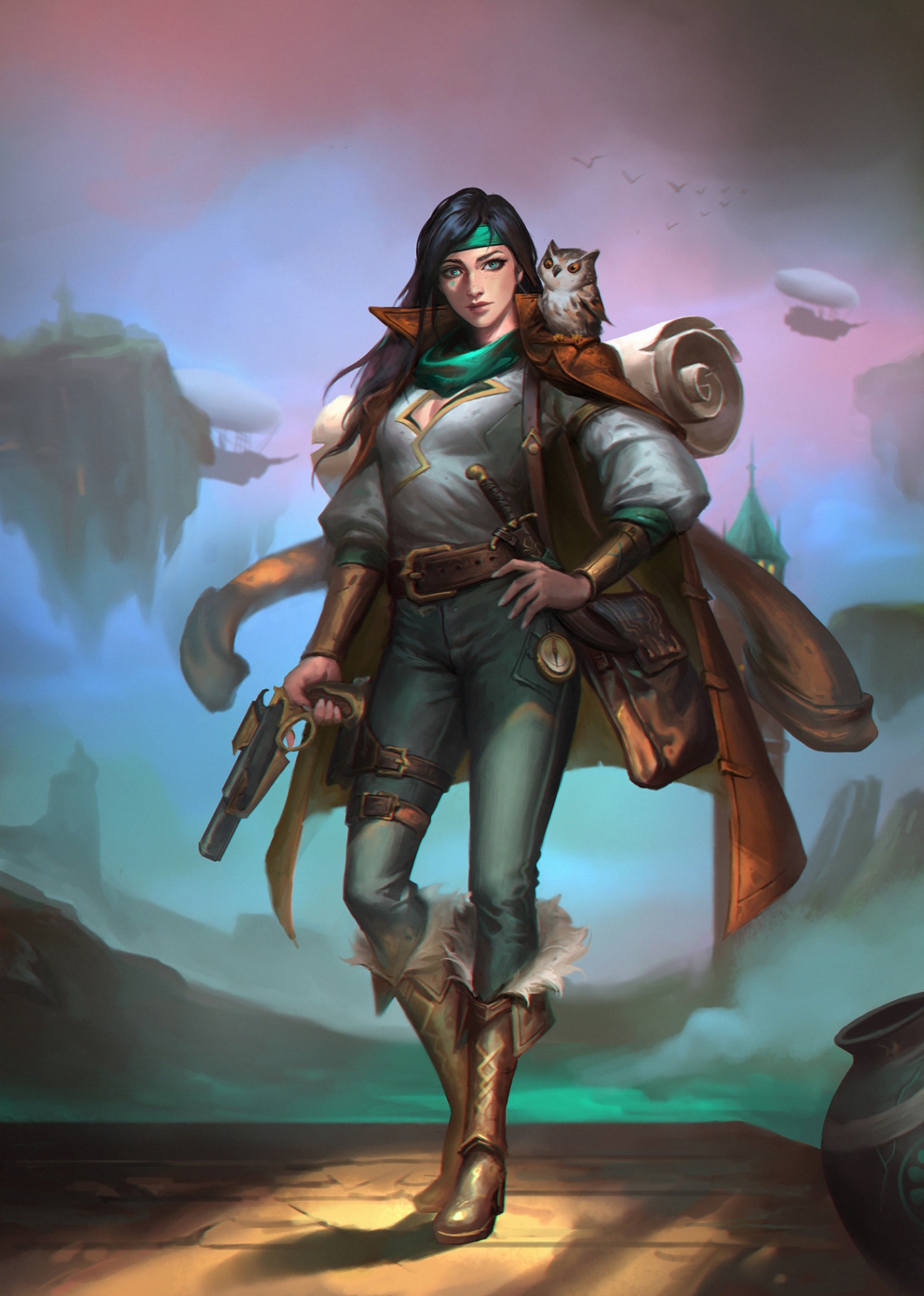 A sky explorer with her owl companion