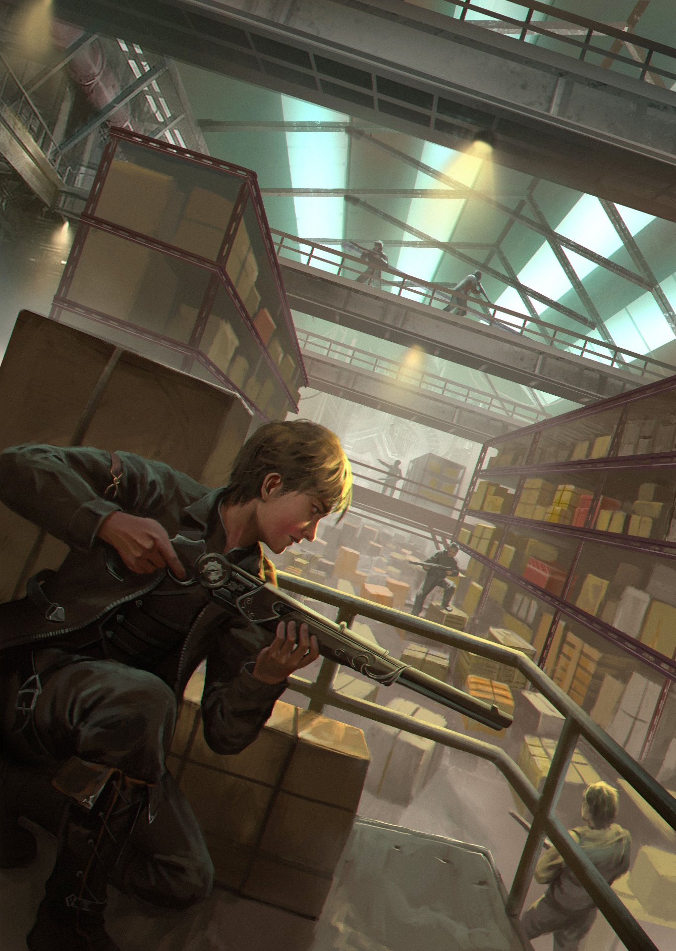 A young voyager takes aim with an ornate rifle during a warehouse boarding action